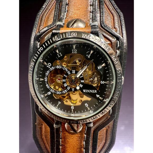 Winner Mechanical Skeleton Watch-Wide Leather Cuff Band-Steampunk-Mens-Gothic - Picture 3 of 8